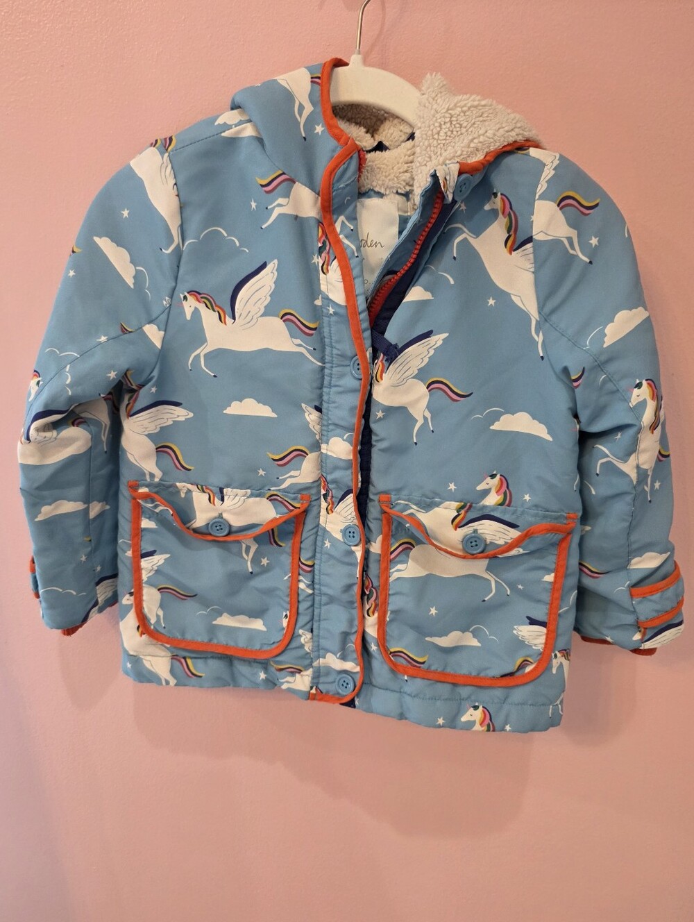 Mini Boden 5-6Y Blue Unicorn Pegasus Sherpa Lined Hooded Anorak Coat